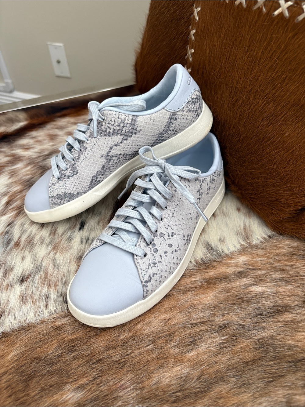 Cole Haan Light Gray Blue Snake-Print Lace-Up Sneakers